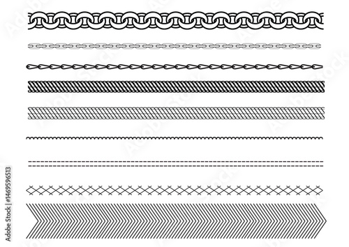 A collection of vector chain and stitch line illustrations useful for fashion technical drawings, accessory design, textile pattern development, and graphic decoration.