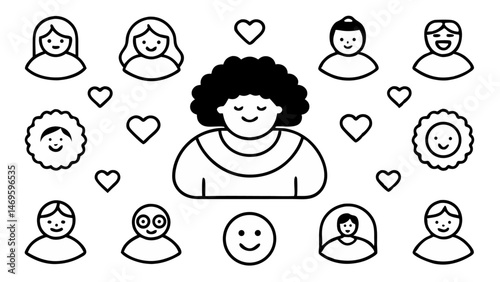 Vector icon set promoting self love and body positivity with minimalist line illustrations