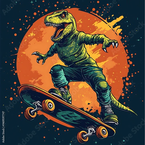 Dinosaur skateboarding on an orange moon background for ads, posters, shirts