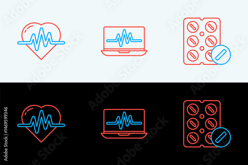 Set line Pills in blister pack, Heart rate and Laptop with cardiogram icon. Vector