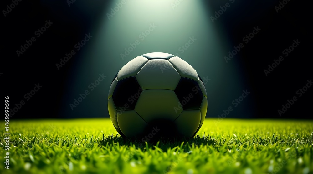 Naklejka premium Soccer Ball on Grass with Stadium Lights Illuminating the Ball