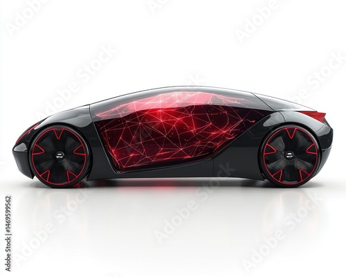 Futuristic, sleek, black electric vehicle.  Advanced design with glowing network graphic