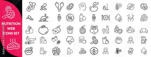 Nutrition set of web icons in line style. Healthy food linear icon collection. Containing food, vegetables, water, palm oil free, сaunt calories, zero trans fat, probiotics and more. Editable stroke