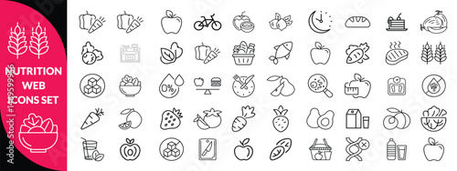 Nutrition set of web icons in line style. Healthy food linear icon collection. Containing food, vegetables, water, palm oil free, сaunt calories, zero trans fat, probiotics and more. Editable stroke