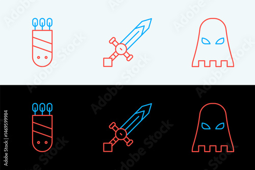 Set line Executioner mask, Quiver with arrows and Medieval sword icon. Vector