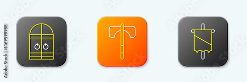 Set line Medieval castle gate, axe and flag icon. Vector