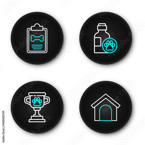 Set line Dog house, Pet award, shampoo and Clinical record pet icon. Vector