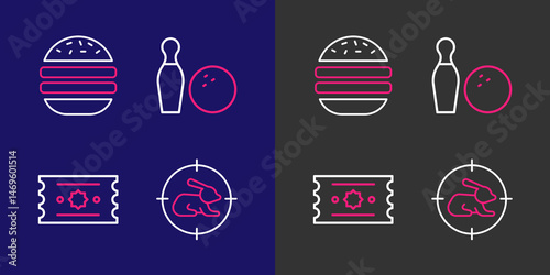 Set line Hunt on rabbit with crosshairs, Ticket, Bowling pin and ball and Burger icon. Vector
