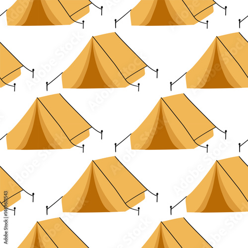 Colorful camping tents arranged in a repeating pattern on a white background