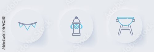 Set line Barbecue grill, Fire hydrant and Carnival garland with flags icon. Vector