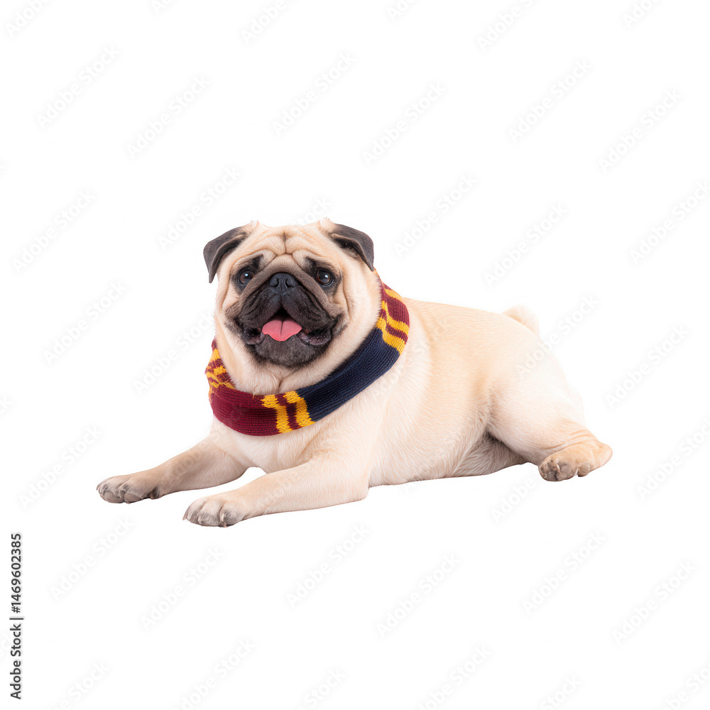 Obraz premium A cheerful pug dog wearing a colorful scarf, posing against a white isolated background. This playful pet exudes joy and charm, perfect for adorable pet-themed designs.