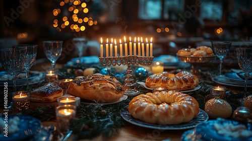 Fototapeta kuchenna Elegant hanukkah dinner table glow wallpapers
