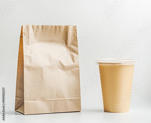 Brown paper bag and disposable cup on white background