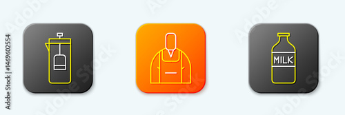 Set line French press, Barista and Bottle with milk icon. Vector