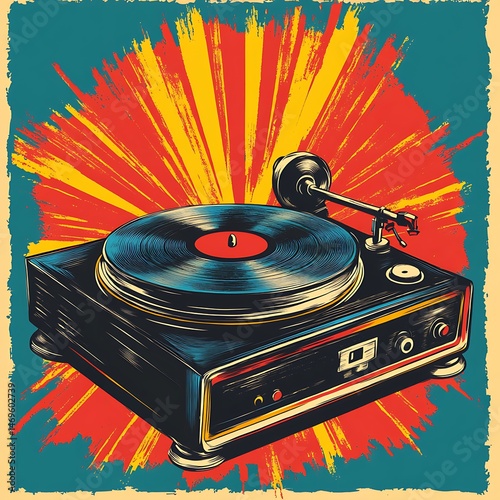 Retro Turntable playing a record, with burst background for listening party poster