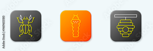 Set line Beetle deer, Larva insect and Hive for bees icon. Vector