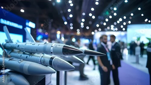 Wallpaper Mural A modern arms fair showcasing various missile types, including air-to-air and anti-ship missiles, with defense contractors explaining their capabilities to international delegates. Torontodigital.ca