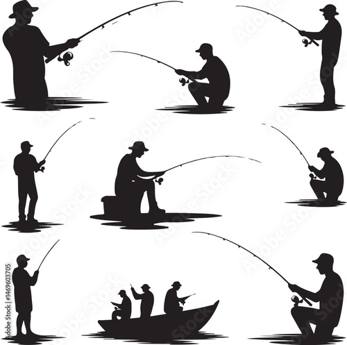 fishing svg, fish hunting silhouette, angler vector, catch fish clipart, fisherman svg, fish hook icon, bass fish silhouette, fishing rod vector, outdoor sport svg, river fishing design, boat fishing 
