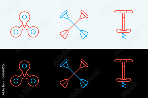 Set line Pogo stick jumping toy, Fidget spinner and Arrow with sucker tip icon. Vector