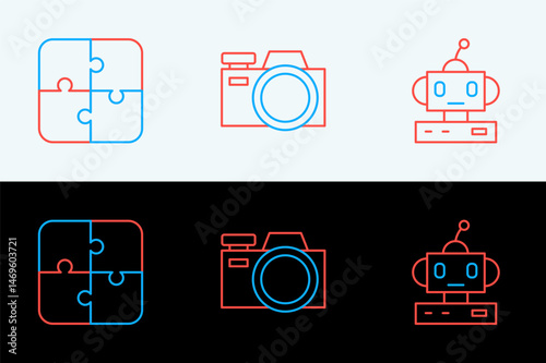 Set line Robot toy, Puzzle pieces and Photo camera icon. Vector