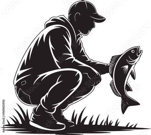 fishing svg, fish hunting silhouette, angler vector, catch fish clipart, fisherman svg, fish hook icon, bass fish silhouette, fishing rod vector, outdoor sport svg, river fishing design, boat fishing 