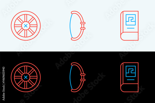 Set line Greek history book, Old wooden wheel and Medieval bow icon. Vector