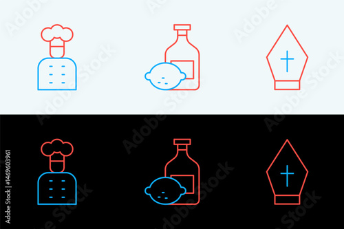Set line Pope hat, Italian cook and Limoncello bottle icon. Vector
