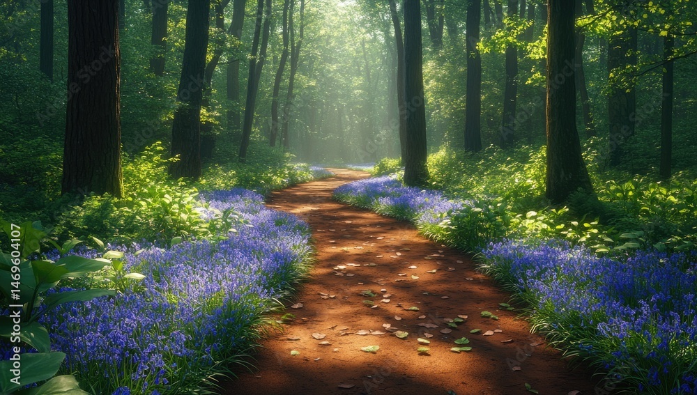 Obraz premium Sunlit Forest Path Lined with Bluebells
