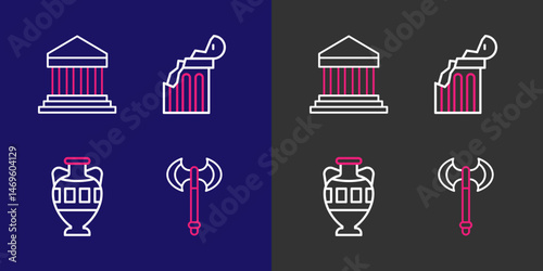 Set line Medieval axe, Ancient amphorae, Broken ancient column and Parthenon icon. Vector