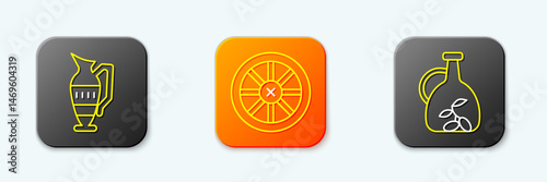 Set line Ancient amphorae, Old wooden wheel and Bottle of olive oil icon. Vector