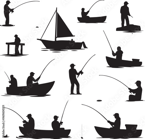 fishing svg, fish hunting silhouette, angler vector, catch fish clipart, fisherman svg, fish hook icon, bass fish silhouette, fishing rod vector, outdoor sport svg, river fishing design, boat fishing 