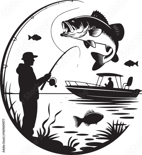 fishing svg, fish hunting silhouette, angler vector, catch fish clipart, fisherman svg, fish hook icon, bass fish silhouette, fishing rod vector, outdoor sport svg, river fishing design, boat fishing 
