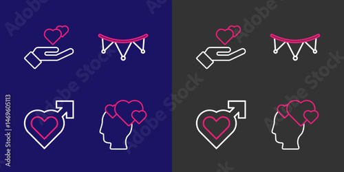 Set line Head with heart, Heart male gender, Carnival garland flags and in hand icon. Vector