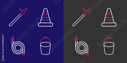 Set line Fire bucket, hose reel, Traffic cone and Metal pike pole icon. Vector