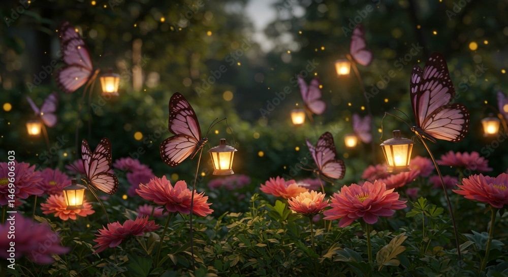Fototapeta premium Enchanted Garden at Dusk Butterflies Lanterns and Blooming Dahlias
