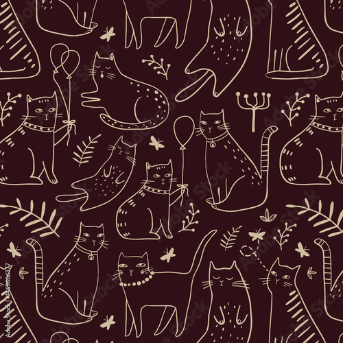 Seamless pattern with cute Kittens in diferent style. Creative childish texture. Great for fabric, textile Vector Illustration
