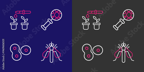 Set line Experimental insect, Cell division, DNA research, search and Pipette and plant icon. Vector