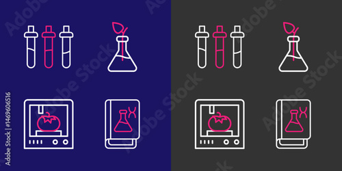 Set line Genetic engineering book, 3D printing technology, Plant breeding and Reagent bottle icon. Vector