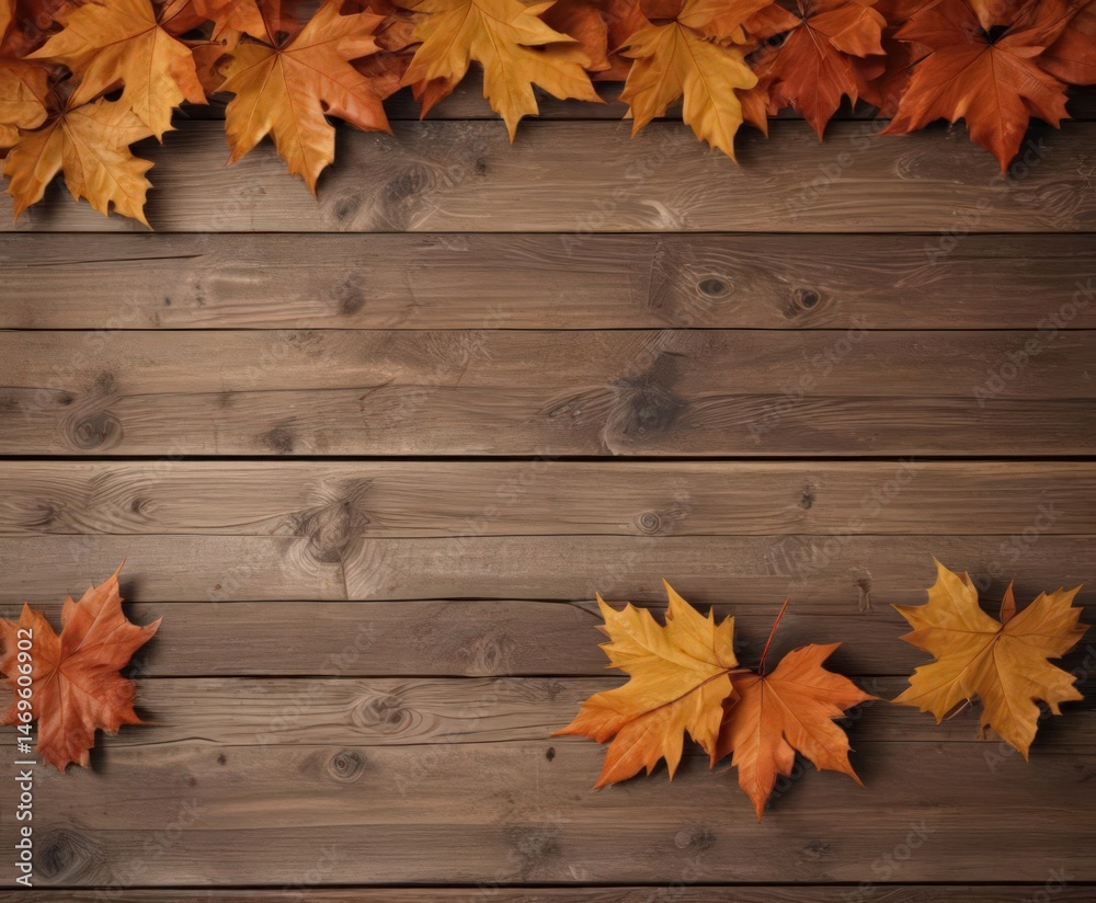Obraz premium Crisp maple leaves in warm hues arranged on aged wood planks , natural, photography, planks