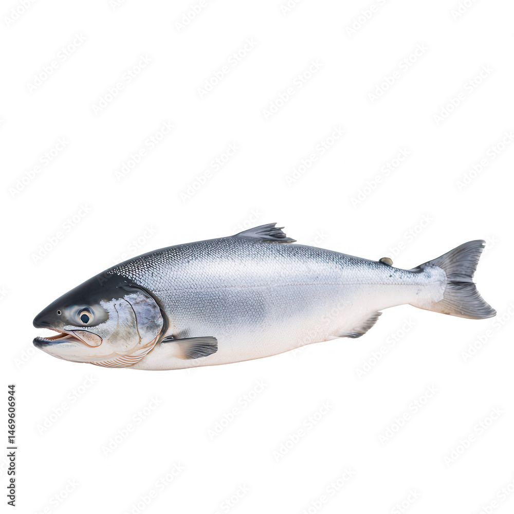 Naklejka premium A fresh, whole salmon fish displayed on a white isolated background, showcasing its silvery skin and detailed features, ideal for culinary and health-related themes.