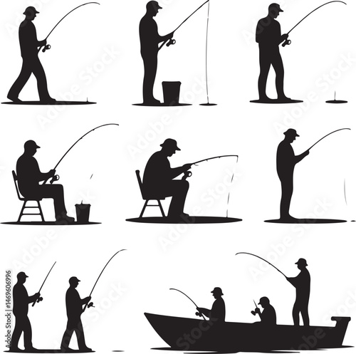 fishing svg, fish hunting silhouette, angler vector, catch fish clipart, fisherman svg, fish hook icon, bass fish silhouette, fishing rod vector, outdoor sport svg, river fishing design, boat fishing 