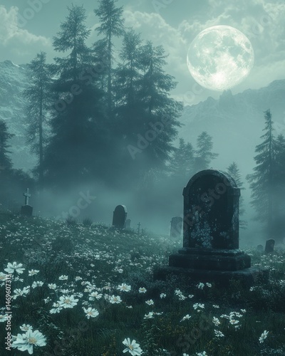 Misty graveyard at night, under a full moon.  Flowers surround ancient tombstones in a tranquil, spooky scene