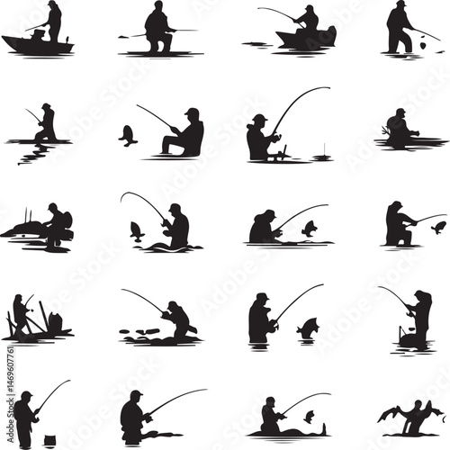fishing svg, fish hunting silhouette, angler vector, catch fish clipart, fisherman svg, fish hook icon, bass fish silhouette, fishing rod vector, outdoor sport svg, river fishing design, boat fishing 