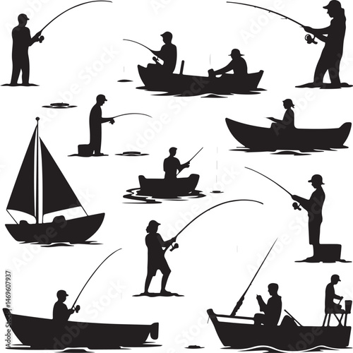 fishing svg, fish hunting silhouette, angler vector, catch fish clipart, fisherman svg, fish hook icon, bass fish silhouette, fishing rod vector, outdoor sport svg, river fishing design, boat fishing 