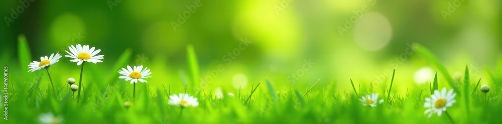 Fototapeta premium Soft green grass, vibrant white daisies, blurred background , flower, environment
