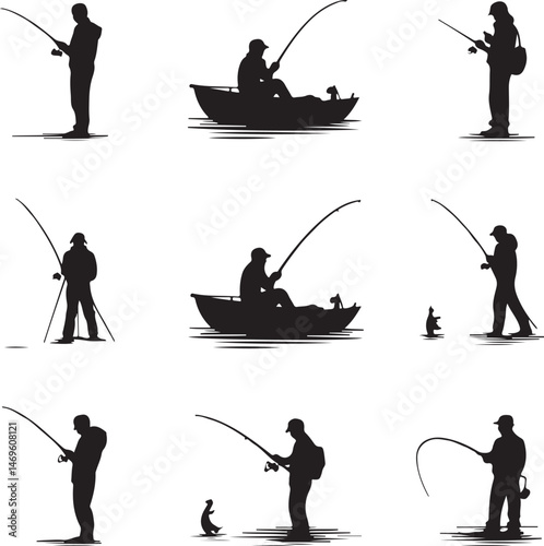 fishing svg, fish hunting silhouette, angler vector, catch fish clipart, fisherman svg, fish hook icon, bass fish silhouette, fishing rod vector, outdoor sport svg, river fishing design, boat fishing 