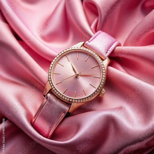 Pink watch on a silk background 