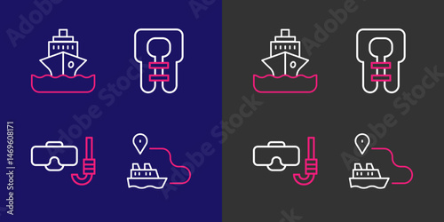Set line Ship line path, Diving mask and snorkel, Life jacket and Cruise ship icon. Vector