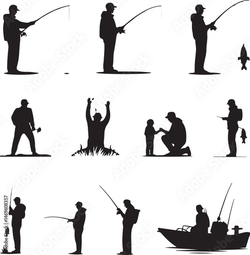 fishing svg, fish hunting silhouette, angler vector, catch fish clipart, fisherman svg, fish hook icon, bass fish silhouette, fishing rod vector, outdoor sport svg, river fishing design, boat fishing 
