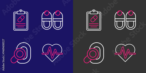 Set line Heart rate, Hearing aid, Slippers and Medical prescription icon. Vector